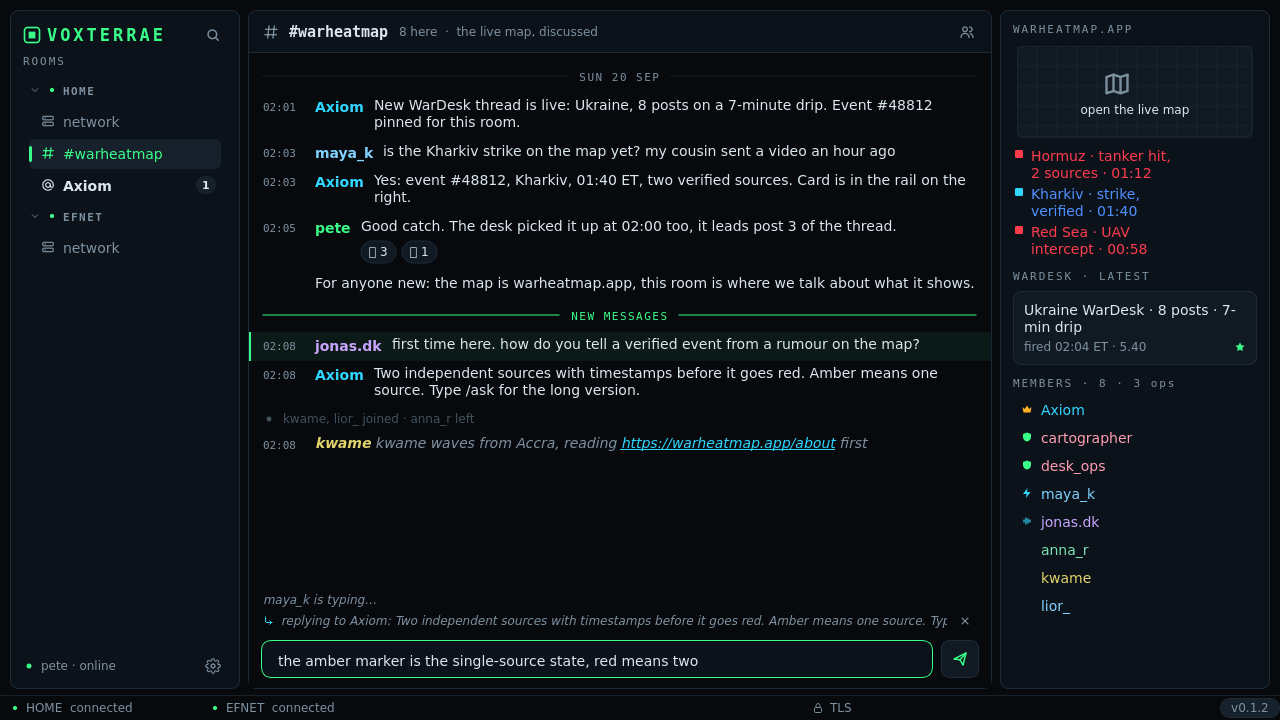 VoxTerrae 0.1.2 window: room list with unread counts on the left, the #warheatmap timeline with coloured nicks in the middle, the live-map tile and member list with rank badges on the right, network status and lag in the bar at the bottom